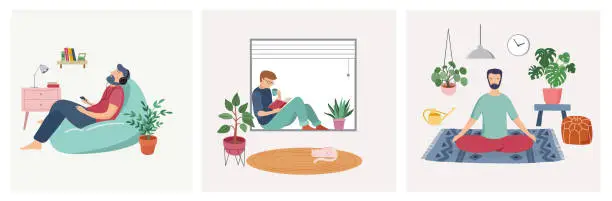 Vector illustration of Quarantine, stay at home concept series - people sitting at their home, room or apartment, practicing yoga, enjoying meditation, relaxing on sofa, reading books, baking and listening to the music.