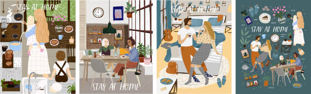 ilustrações de stock, clip art, desenhos animados e ícones de stay at home! set posters of coronavirus quarantine, self isolation. mother and kids cooking at kitchen, couple or family staying together comfort, safety. vector illustration banner, card, postcard - coffee at home