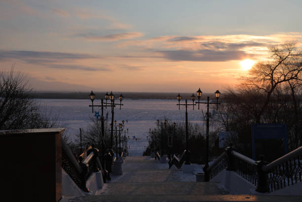 Winter Sunset at Amur River in Russian Far EastKhabarovsk, Russia