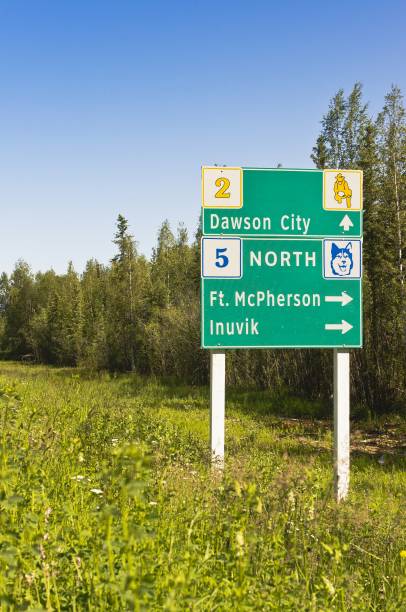 highway junction directional sign in yukon - inuvik imagens e fotografias de stock