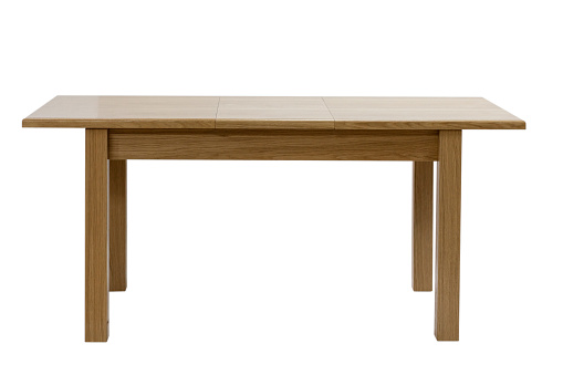 Mesa moderna de madera aislada sobre fondo blanco. Mesa de cocina plegable, vista frontal. photo