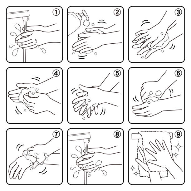 白黒で描かれたウイルス感染を防ぐために、手を正しく洗う方法。 - 徹底的に洗う点のイラスト素材／クリップアート素材／マンガ素材／アイコン素材
