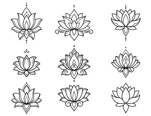 Vector illustration of Set of lotus mehndi flower pattern for Henna drawing and tattoo. Decoration in oriental, Indian style. Doodle ornament. Outline hand draw vector illustration.