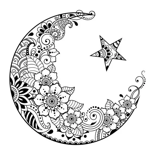 Vector illustration of Religious Islamic symbol of the Star and the Crescent with flower in mehndi style. Decorative sign for making and tattoos. Eastern Muslim signifier.