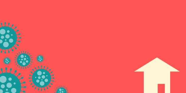 istock Stay at home and virus icon on red banner background covid 19 concept 1214837773