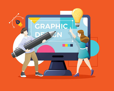 Vector Young man and woman drawing with pen in graphic editor. Graphic designer hiring concept. Designers or illustrators working together on giant computer display. Vector illustration in flat style