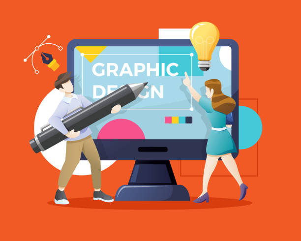 Graphic designer hiring concept Vector Young man and woman drawing with pen in graphic editor. Graphic designer hiring concept. Designers or illustrators working together on giant computer display. Vector illustration in flat style graphic designer illustration stock illustrations