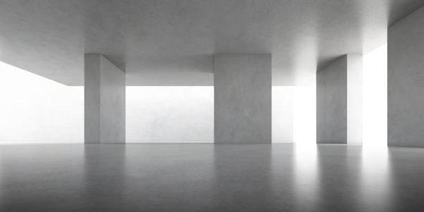 istock Abstract of concrete space with sun light cast the shadow on the wall ,Geometric structure, Museum space,Perspective of brutalism  architecture,3d rendering. 1214841125