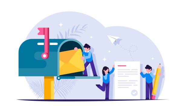 illustrazioni stock, clip art, cartoni animati e icone di tendenza di le persone scrivono e inviano lettere attraverso la cassetta postale. poco carattere. l'invio di messaggi è un concetto. moderna illustrazione vettoriale piatta. - cassetta postale per linvio della posta