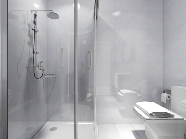 istock 3D rendering,Clean modern residential bathroom and toilet design, which is equipped with washstand, toilet and shower equipment, etc. 1214843914