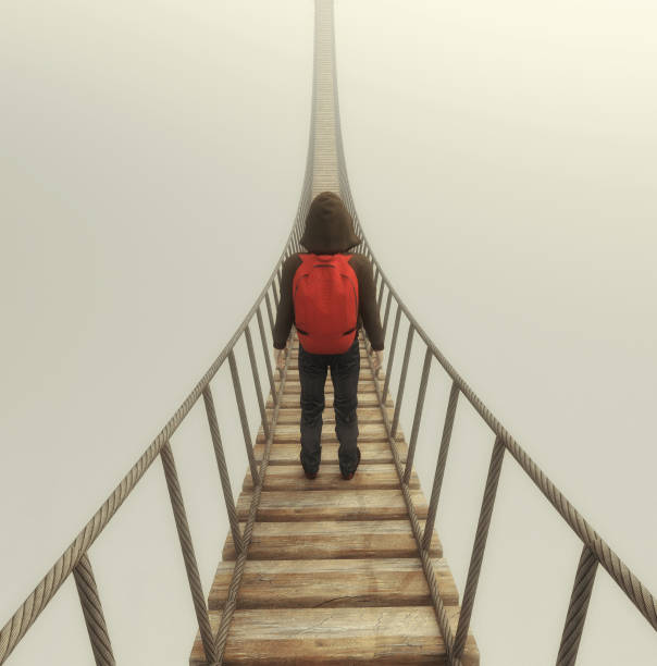 Traveler with a backpack standing on a bridge in the fog . This is a 3d render illustration.