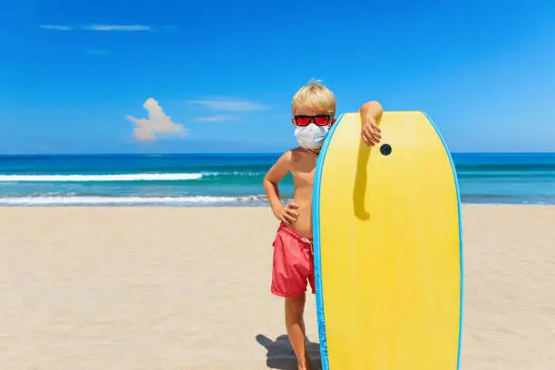 Photo of Young surfer wearing sunglasses, protective mask on sea beach