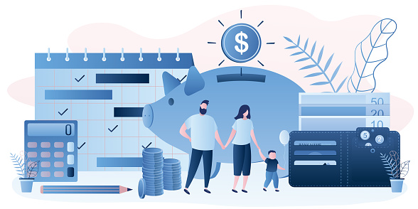 Family budget concept. Parents with kid. Money management. Wallet with banknotes and coins. Monthly planner,calculator and piggy bank. Retirement savings. Trendy style vector illustration