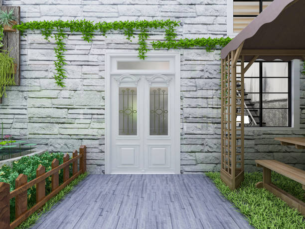 istock 3D rendering, pavilions, beach chairs, green plants, etc. in the open-air courtyard 1214848421