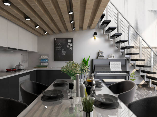 istock 3D rendering, spacious dining room design next to the modern kitchen, with a beautiful dining table and greenery 1214850424
