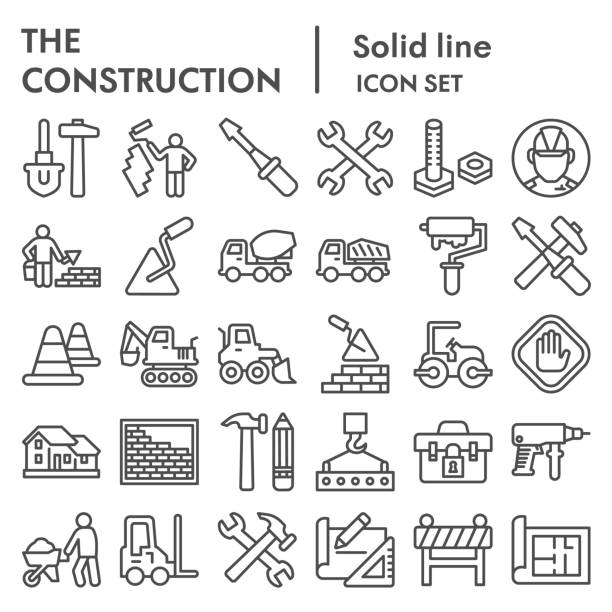 Construction line icon set. Building industry signs collection, sketches, logo illustrations, web symbols, outline style pictograms package isolated on white background. Vector graphics. Construction line icon set. Building industry signs collection, sketches, logo illustrations, web symbols, outline style pictograms package isolated on white background. Vector graphics contractor tools icon stock illustrations