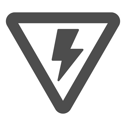 Electricity solid icon. Danger of high voltage, lightning in triangle symbol, glyph style pictogram on white background. Construction sign for mobile concept or web design. Vector graphics