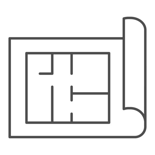 프로젝트 씬 선 아이콘 작성. 집 청사진 용지 또는 홈 계획 페이지 기호, 흰색 배경에 윤곽 스타일 그림. 모바일 컨셉 및 웹 디자인에 대한 건설 기호. 벡터 그래픽. - plan house home interior planning stock illustrations