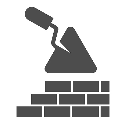 Brickwork and trowel solid icon. Spatula tool and building brick wall symbol, glyph style pictogram on white background. Construction sign for mobile concept or web design. Vector graphics