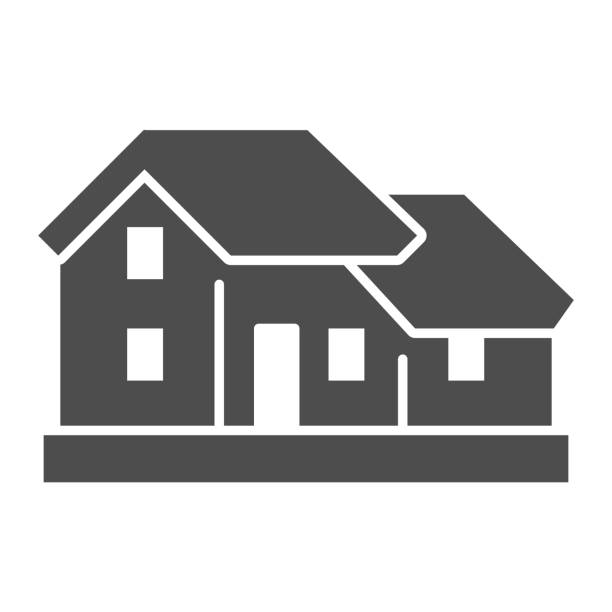 2 층 집 단단한 아이콘입니다. 이중 층 주택 주거 별장 기호, 흰색 배경에 문양 스타일의 그림. 모바일 컨셉 및 웹 디자인에 대한 기호 구축. 벡터 그래픽. - house symbol roof architecture stock illustrations
