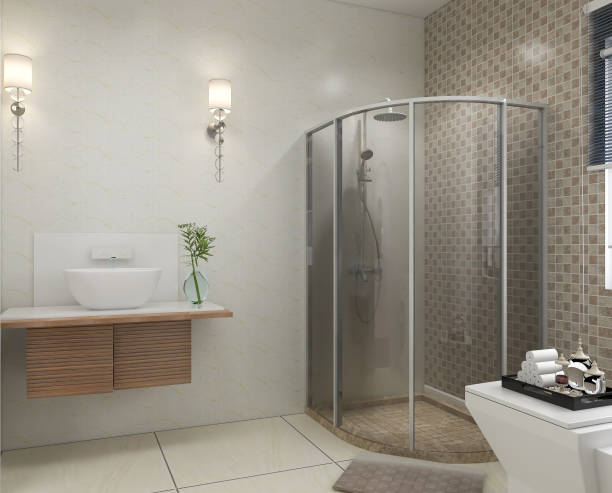 istock 3D rendering,Clean modern residential bathroom and toilet design, which is equipped with washstand, toilet and shower equipment, etc. 1214851803
