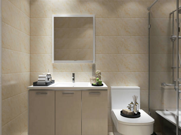 istock 3D rendering,Clean modern residential bathroom and toilet design, which is equipped with washstand, toilet and shower equipment, etc. 1214851806