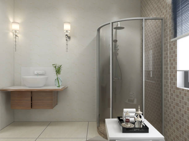 rendu 3d, salle de bains résidentielle moderne propre et conception de toilette, qui est équipé de la poignée de lavage, de toilette et d’équipement de douche, etc. - washstand photos et images de collection