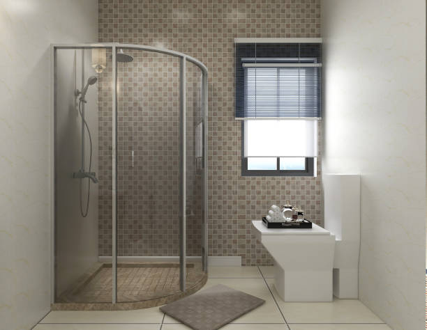istock 3D rendering,Clean modern residential bathroom and toilet design, which is equipped with washstand, toilet and shower equipment, etc. 1214851828