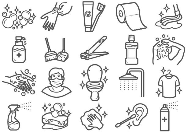 ilustrações, clipart, desenhos animados e ícones de ícones da linha de higiene pessoal e higiene definem clip art - hygiene bathtub symbol toothbrush