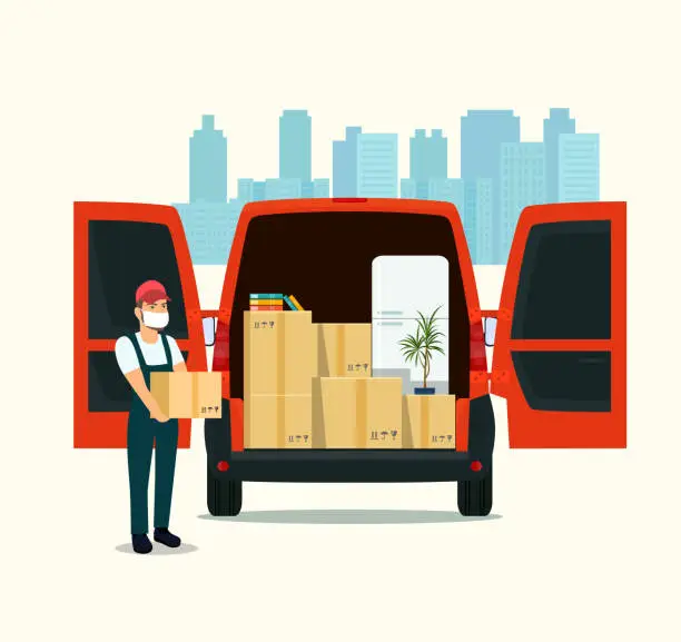 Vector illustration of Things in box in the trunk of the cargo van. Man in a medical mask with cardboard boxes. Moving House. Vector flat style illustration.