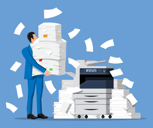 Stressed businessman with pile of office documents Stressed businessman holds pile of office documents. Overworked business man with stacks of papers. Office printer machine. Stress at work. Bureaucracy, paperwork, big data. Flat vector illustration copying illustrations stock illustrations