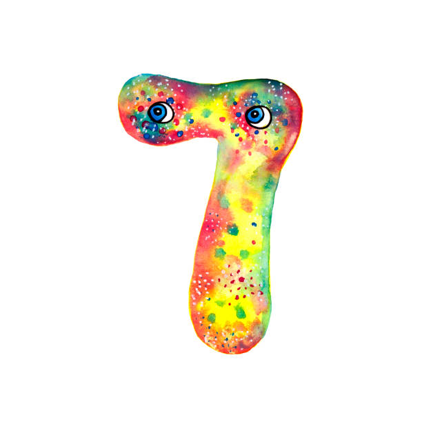 istock Hand-drawn watercolor number 7 with eyes isolated on white background. Dinosaur style symbol for a birthday party and other events. Monster number seven. 1214858414