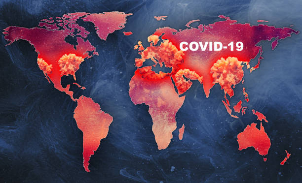 covid-19 pandemic outbreak infected world map COVID-19 pandemic outbreak zones. Infected world. Global map in red smoke on blue abstract background.. middle east respiratory syndrome stock pictures, royalty-free photos & images
