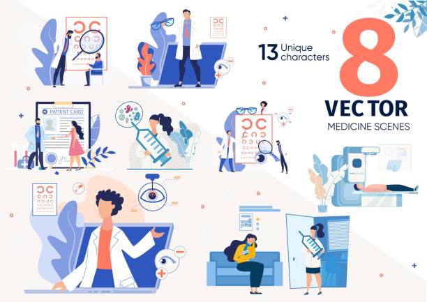 Patients Visiting Doctor Flat Vector Scenes Set Vaccination Against Viruses, Sight Problems, Eye Diseases Treatment, Medical Insurance Trendy Flat Vector Scenes, Concepts Set. Patient Visiting Ophthalmologist, Waiting for Appointment Illustrations eye doctor and patient stock illustrations