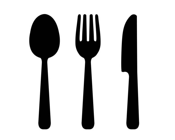 illustrazioni stock, clip art, cartoni animati e icone di tendenza di set illustrazione cucchiaio, forchetta e coltello - eating utensil silverware fork spoon