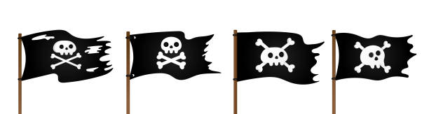 ilustraciones, imágenes clip art, dibujos animados e iconos de stock de 4 bandera pirata con cráneo jolly rogeras y huesos cruzados diseño de diseño colección de ilustración vectorial establecido aislado sobre fondo blanco. - pirate flag