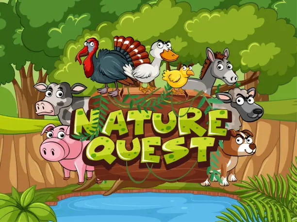 Vector illustration of Font design for nature quest with animals and trees in background