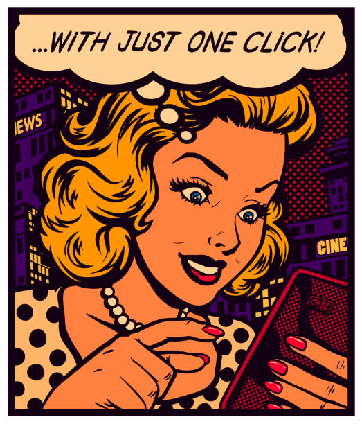 pop art vintage çizgi roman tarzı kadın mesajlaşma veya akıllı telefon, basit kullanıcı deneyimi kavramı vektör illüstrasyon uygulaması kullanarak - animasyon karakter illüstrasyonlar stock illustrations
