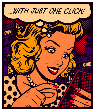 Pop art vintage comic book style woman texting, messaging, surfing website or using app on a smartphone with speech bubble, simple user experience concept vector illustration