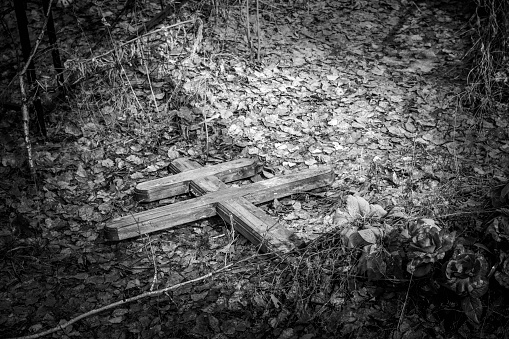 funeral christian cross on birch and sky background, front and background blurred with bokeh effect