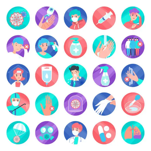 Vector illustration of colorful cover-19 round icon set