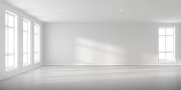 istock Abstract of empty white concrete room with sun light cast the window shadow on the wall and floor,Perspective of minimal design architecture. 3d render. 1214871221