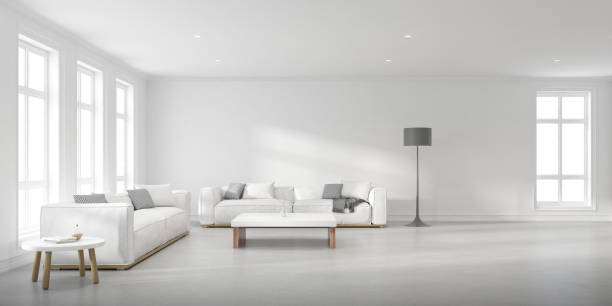 istock Perspective of modern living room with white sofa and side table on concrete wall, Minimal scandinavian design. 3D rendering. 1214871237