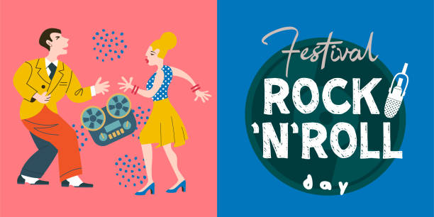 ilustraciones, imágenes clip art, dibujos animados e iconos de stock de día internacional del rock and roll. plantilla vectorial para carteles del festival, fiestas de día del rock and roll. - dancing swing dancing 1950s style couple