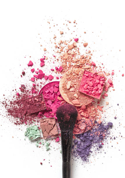 polveri per il viso e pennello per il trucco - face powder eyeshadow make up make up brush foto e immagini stock