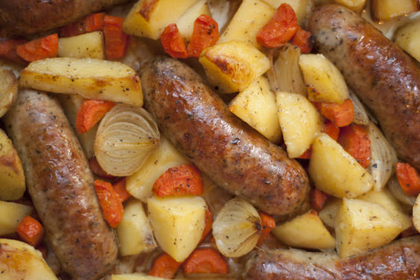 istock Baked sausage with vegetables. 1214884430