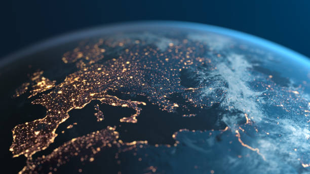 europe at night - planet earth - city lights gezien from space - europa geografische locatie fotos stockfoto's en -beelden