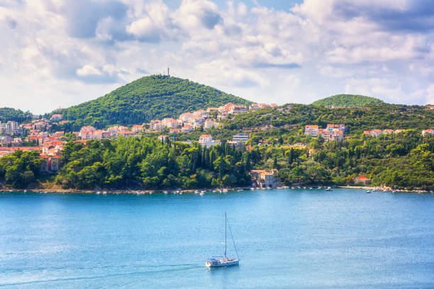 istock Dubrovnik harbor, panoramic view from viewpoint on the Adriatic highway E65 (Jadranska magistrala) near Franjo Tudjman bridge 1214889266