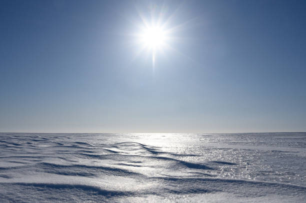 The frozen surface of the lake on a sunny winter day.