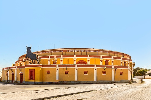 Xira, Portugal - March 16, 2020: The Vila Franca de Xira Bullring, also known as the Palha Blanco Bullring is situated in the centre of the town of Vila Franca de Xira in Lisbon District of Portugal.